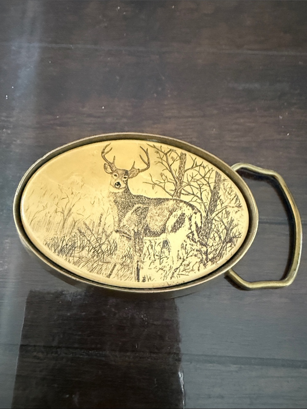 Oval Deer Scene Belt Buckle in Brass Tone